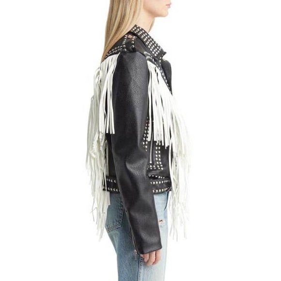 Azalea Wang Studded Black Faux Leather White Fringe Detail Moto Jacket - Picture 4 of 7